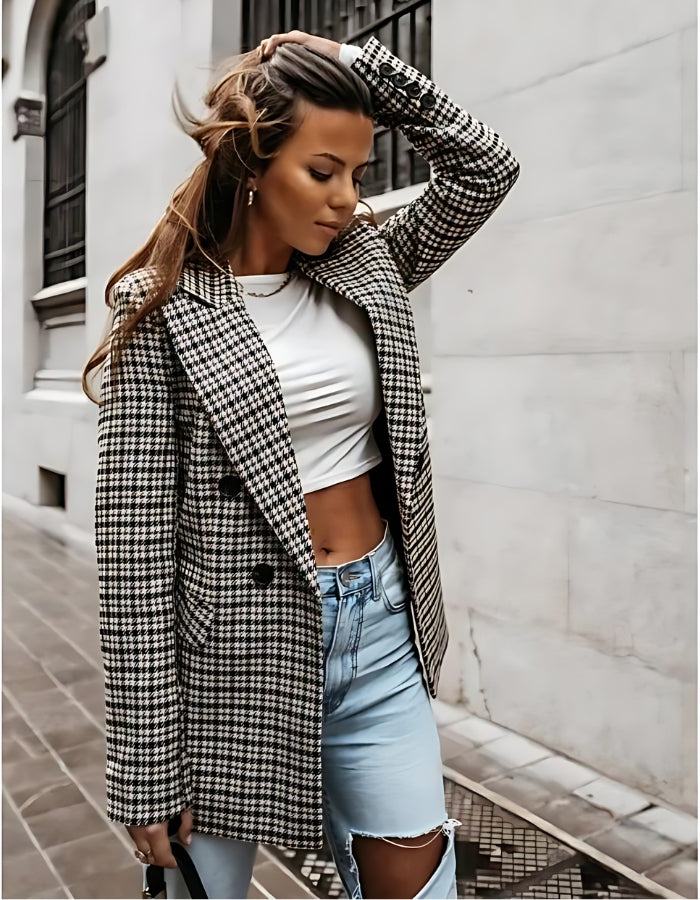 Women's Houndstooth Blazer – Stylish Checkered Jacket for Casual and Formal Wear - Carvan Mart