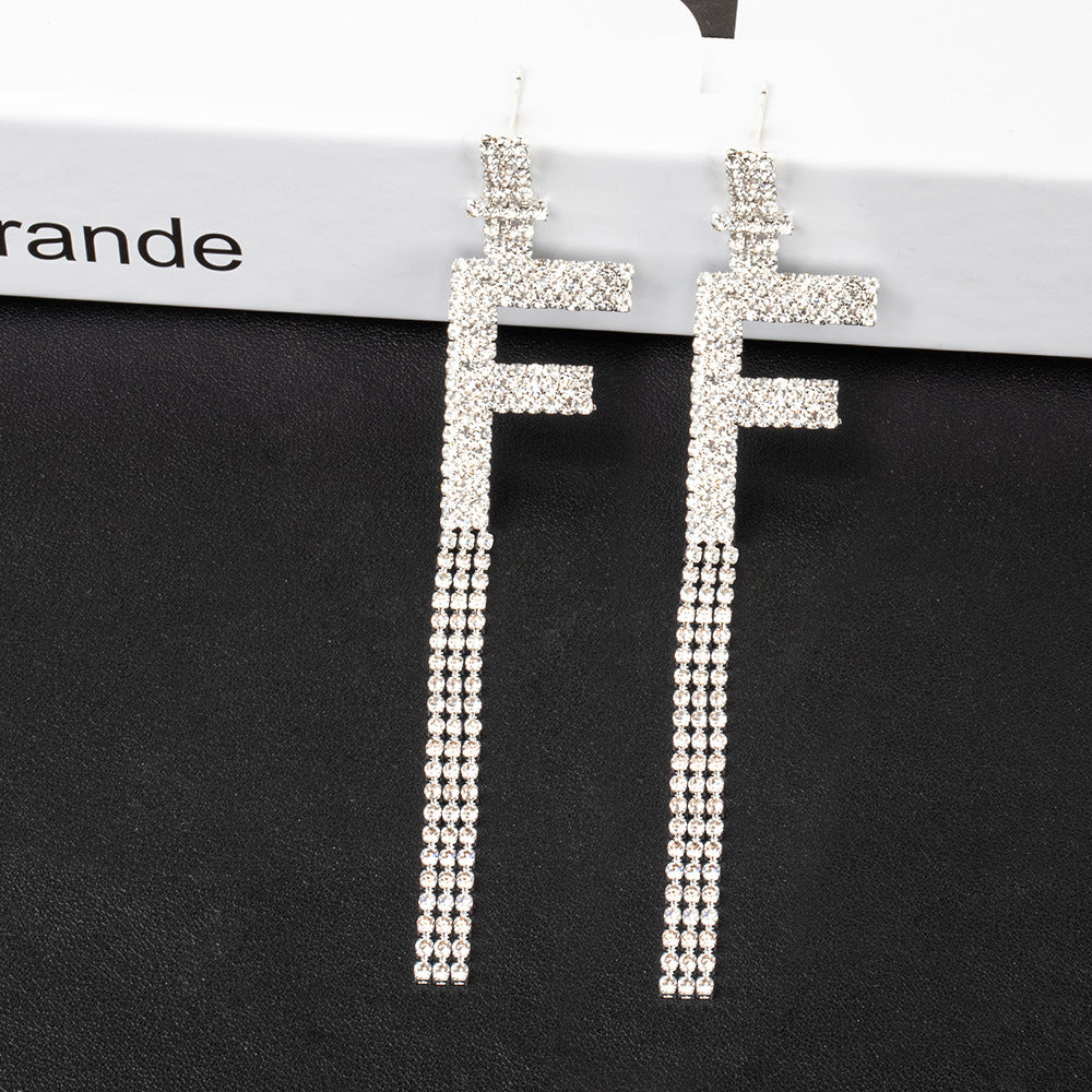 Fashion Jewelry 925 Silver Needle Ornaments Rhinestone Letter B Earrings Banquet Tassel Ear Ornaments Earrings - Silver F - Earrings - Carvan Mart