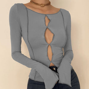 Cutout Long Sleeve Reversible T-Shirt - Grey - Blouses & Shirts - Carvan Mart