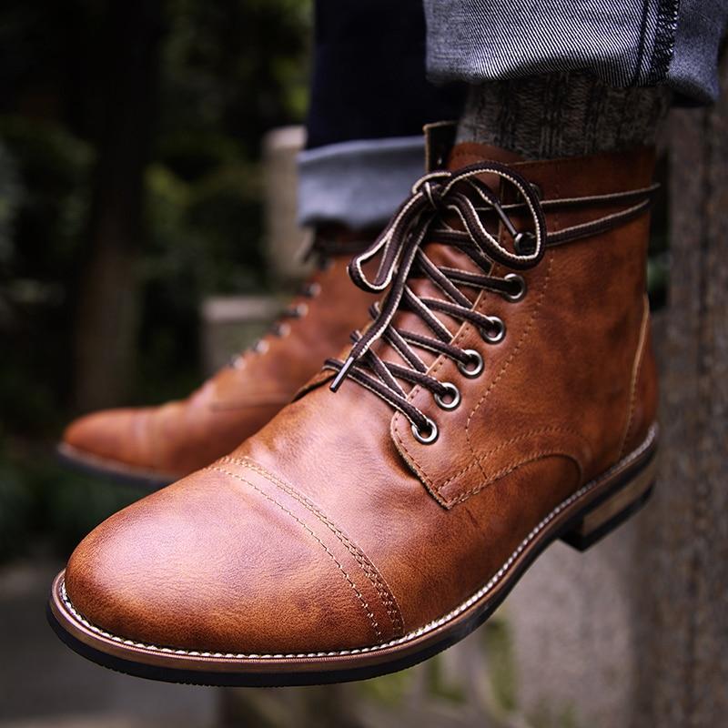 Men's Shoes With Front Lace Round Toe Motorcycle Boots - Carvan Mart