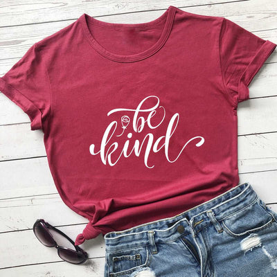 Be Kind Rose Style Short Sleeve European And American Street Leisure T-shirt - Wine Red White - Winter Tops - Carvan Mart