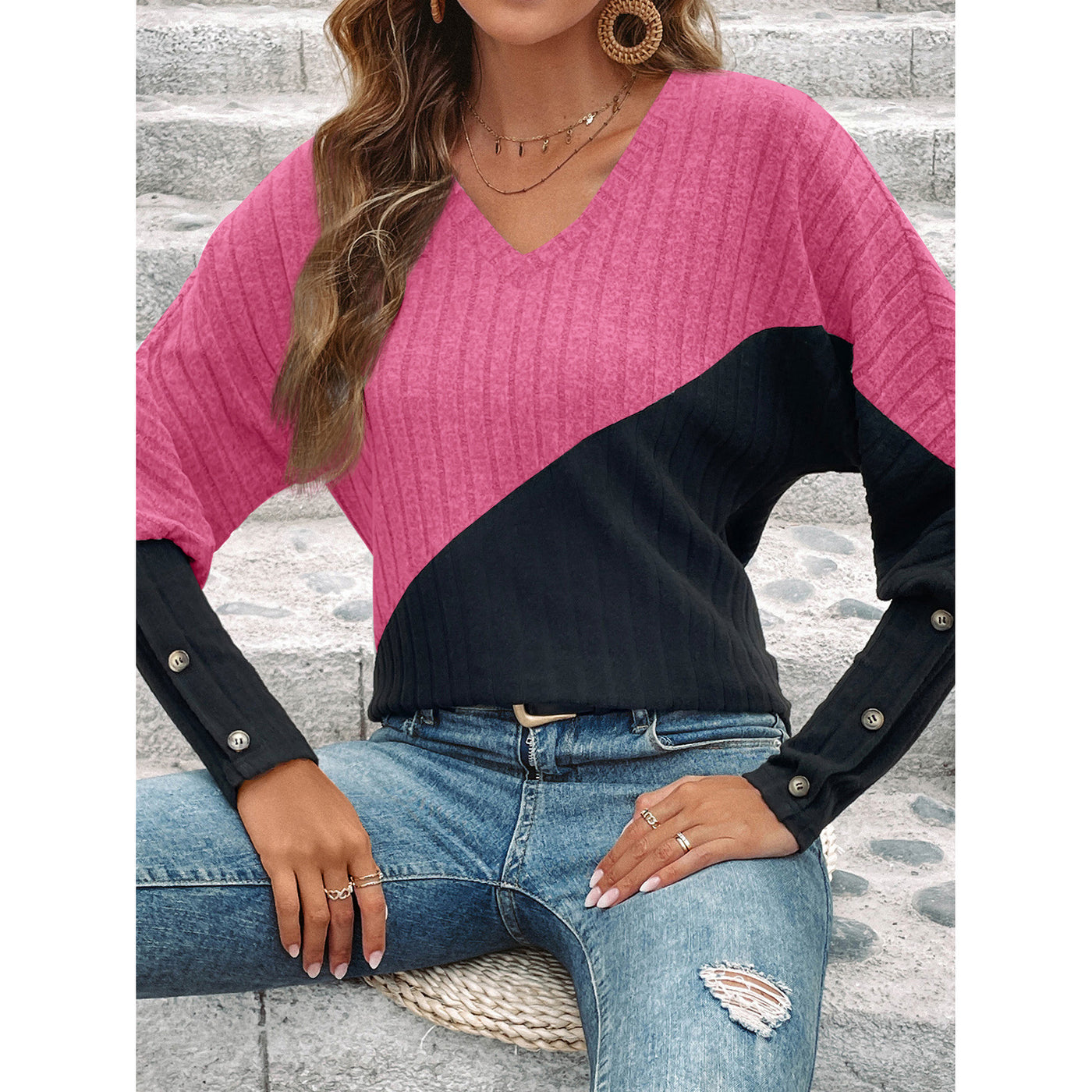 Long Sleeve V-collar Contrast Color Slimming Top - Carvan Mart