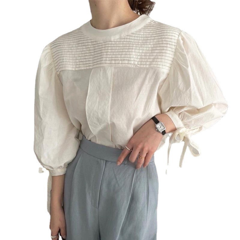 Round Neck Pleated Design Loose Bow Lace-up Lantern Sleeve Shirt Top - - Winter Tops - Carvan Mart