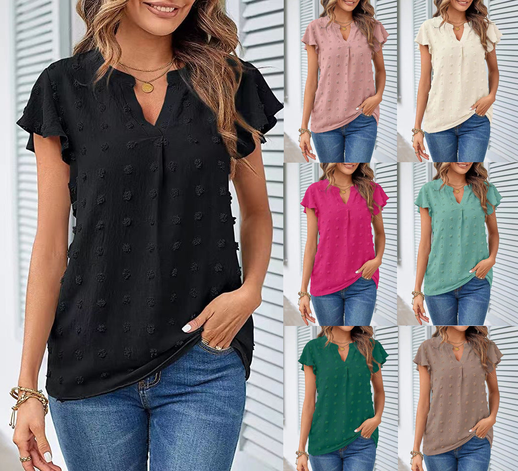 Women Summer V Neck Ruffle Short Sleeve Blouse Dot Flowy Shirt Top - Carvan Mart