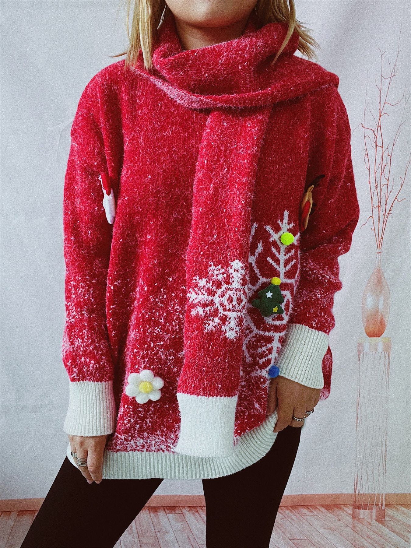 Women's Round Neck Long Sleeve Snowflake Three-dimensional Decoration Christmas Sweater - Carvan Mart
