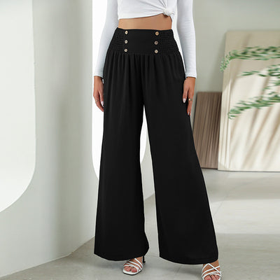 Chic Wide-Leg Pants for Women - High Waist Button Detail - Carvan Mart