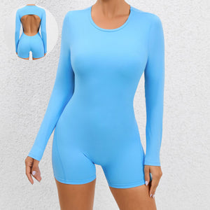 Women Fitness Sports Wear Long Sleeve Yoga Backless Tight Jumpsuit - Flame Blue - Active Attire - Carvan Mart