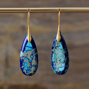 Bohemian Emperor Stone Water Drop Earrings Natural Stone Ornament Jewelry Earrings - Blue Gold Ear Hook - Earrings - Carvan Mart