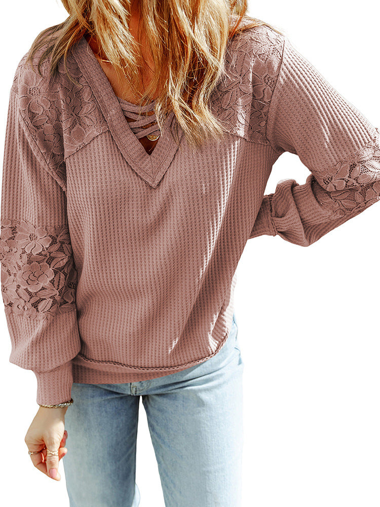 Women's Lace Waffle Long-sleeve Top - - Winter Tops - Carvan Mart