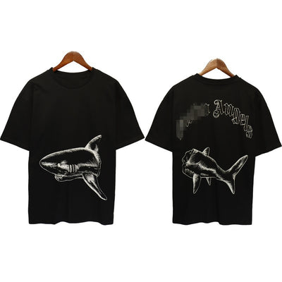 Shark Print Short Sleeve Trendy Men New Cotton T-shirt Cut Two Shark Loose T-shirt - Carvan Mart