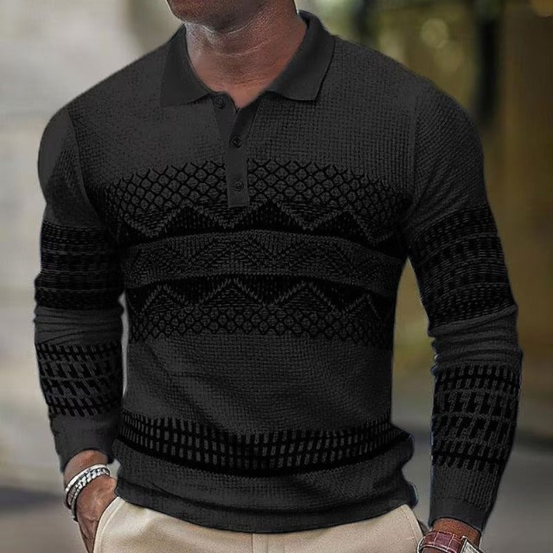 Men's Long Sleeve Polo Shirt - Stylish Geometric Knit Design for Casual and Sports Wear - Black - Men's Shirts - Carvan Mart