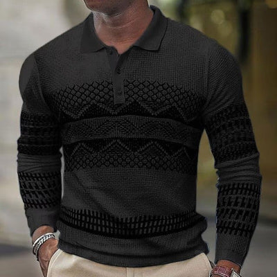 Men's Long Sleeve Polo Shirt - Stylish Geometric Knit Design for Casual and Sports Wear - Black - Men's Shirts - Carvan Mart