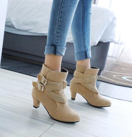 Leather Casual Women Pumps Ankle High Heel Boots - Beige - High Heels - Carvan Mart