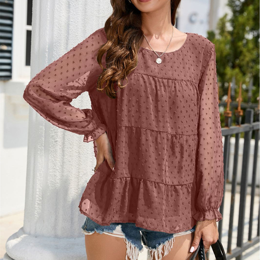 Loose Chiffon Shirt Round Neck Ruffle Women's Top - - Blouses & Shirts - Carvan Mart