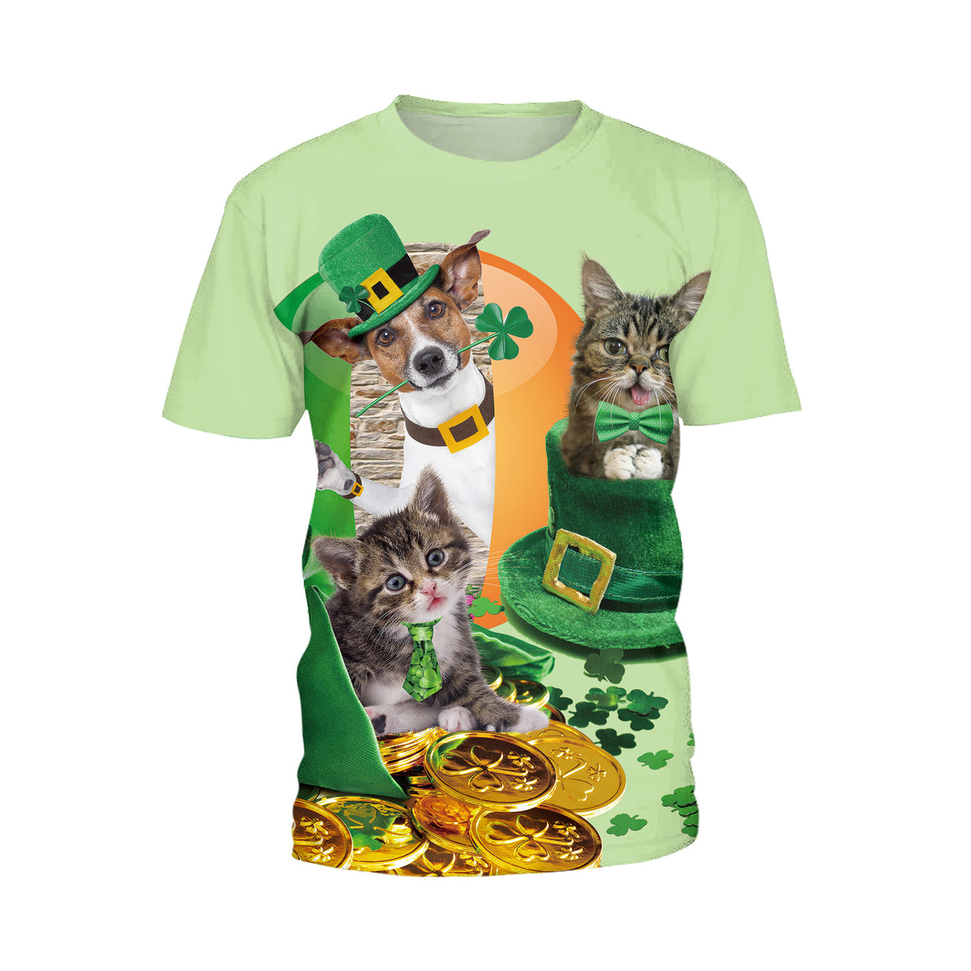 Patrick's Day Four Leaf Grass Cute Pet Cat Digital Print Round Neck T-shirt - B121252 - Men's Shirts - Carvan Mart