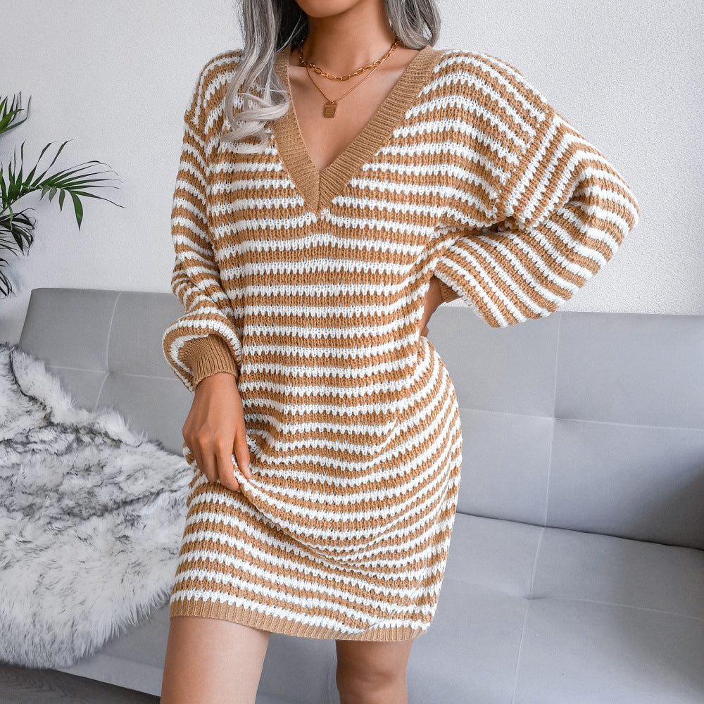 Ins Striped Sweater Dress V-neck Long Sleeve Dress Women - Carvan Mart