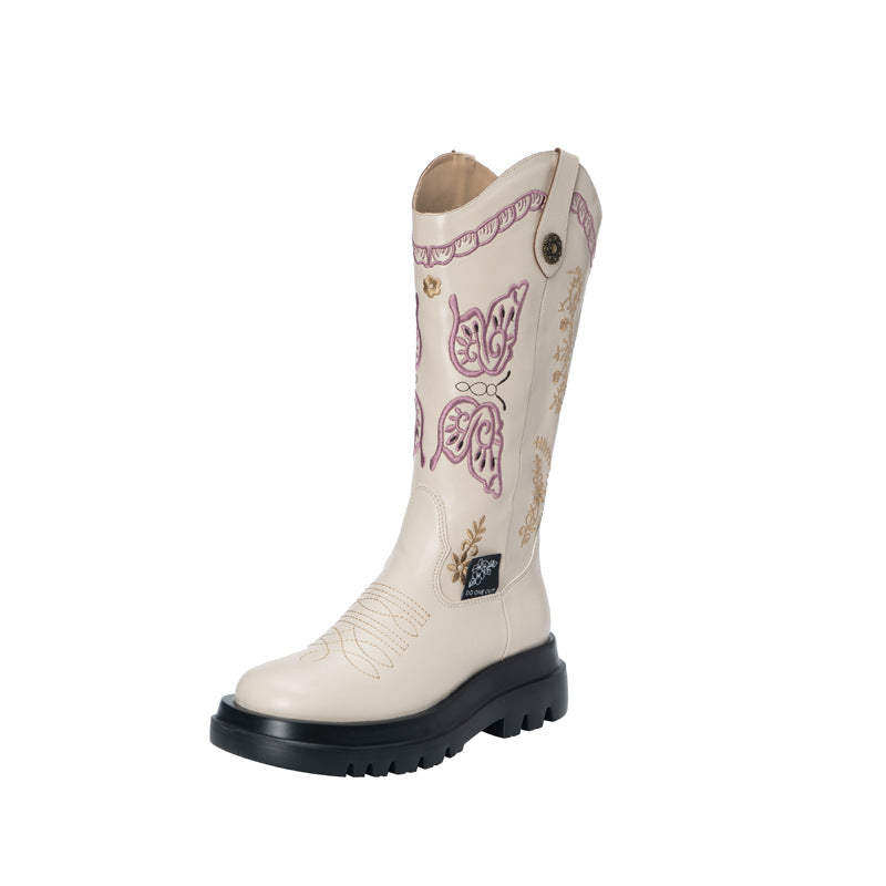 Women's Butterfly Embroidery Cowboy Boot - White With Fleece Lining - Women's Shoes - Carvan Mart