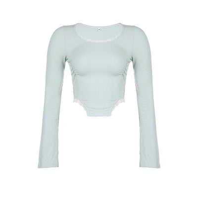 Comfy Cotton T-shirts Hem Micro Trumpet Sleeves Waist Lace Pleated Knitted Top - Carvan Mart