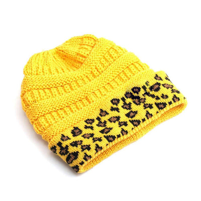 Beanie Women's Warm Leopard Print Knitted Hat - Yellow One Size - Women's Hats & Caps - Carvan Mart