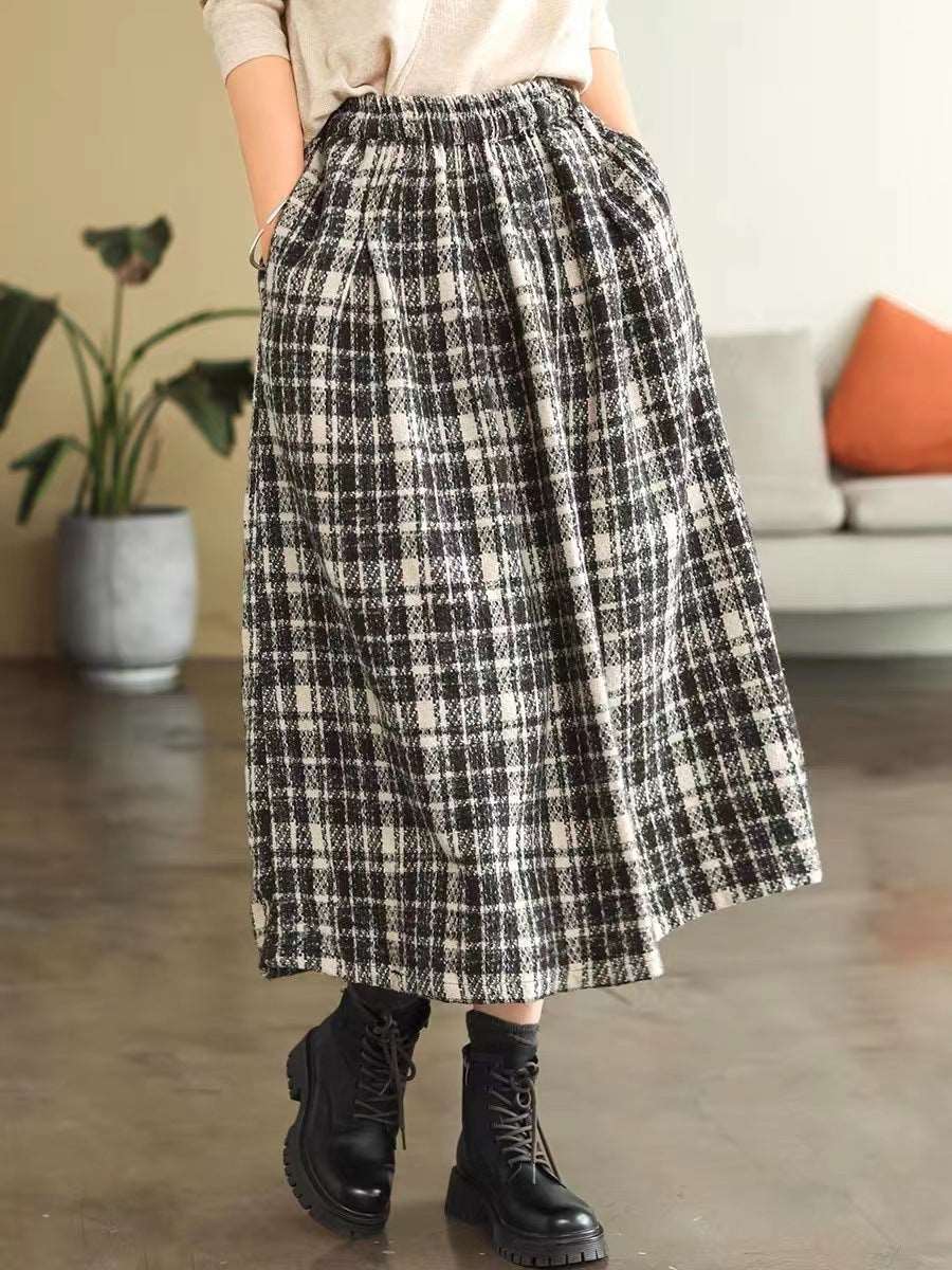 Elastic High Waist Woolen Cloth Plaid A- Line Dress - Carvan Mart