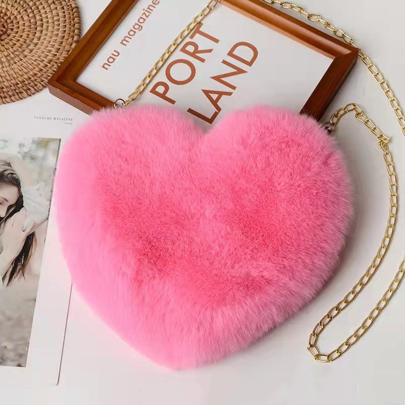 Love Bag for Women - Plush Heart-Shaped Chain-Strap Handbag with Sequins for Parties - Bright pink - Shoulder Bags - Carvan Mart