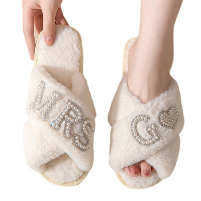 Women's Plush Slippers Home Non-slip Cotton Slippers Fleece-lined Thickened Cross Toe Covering Fluffy Slippers - White G - Women's Slippers - Carvan Mart