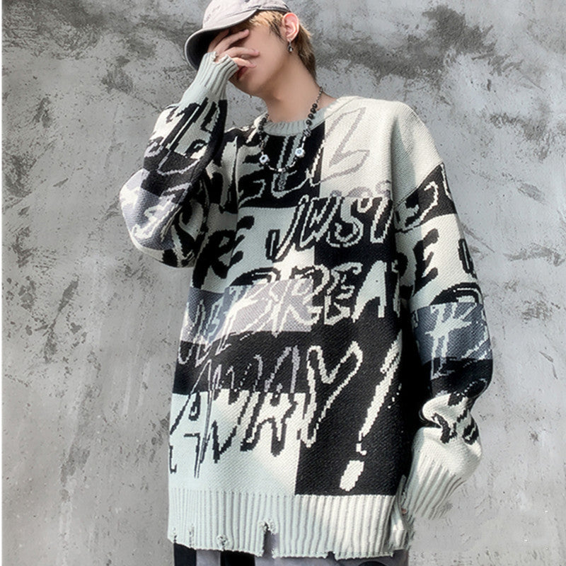 Men's Autumn And Winter New Hole Jacquard Loose-fitting Sweater - 2 English HELL - Men's Sweaters - Carvan Mart