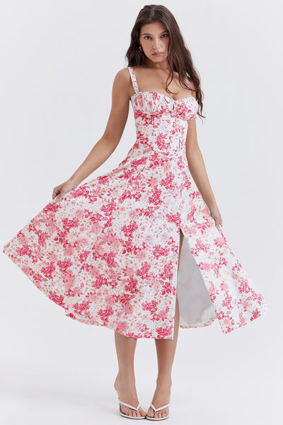 Women's Floral Milkmaid Midi Dress With Straps - Carvan Mart