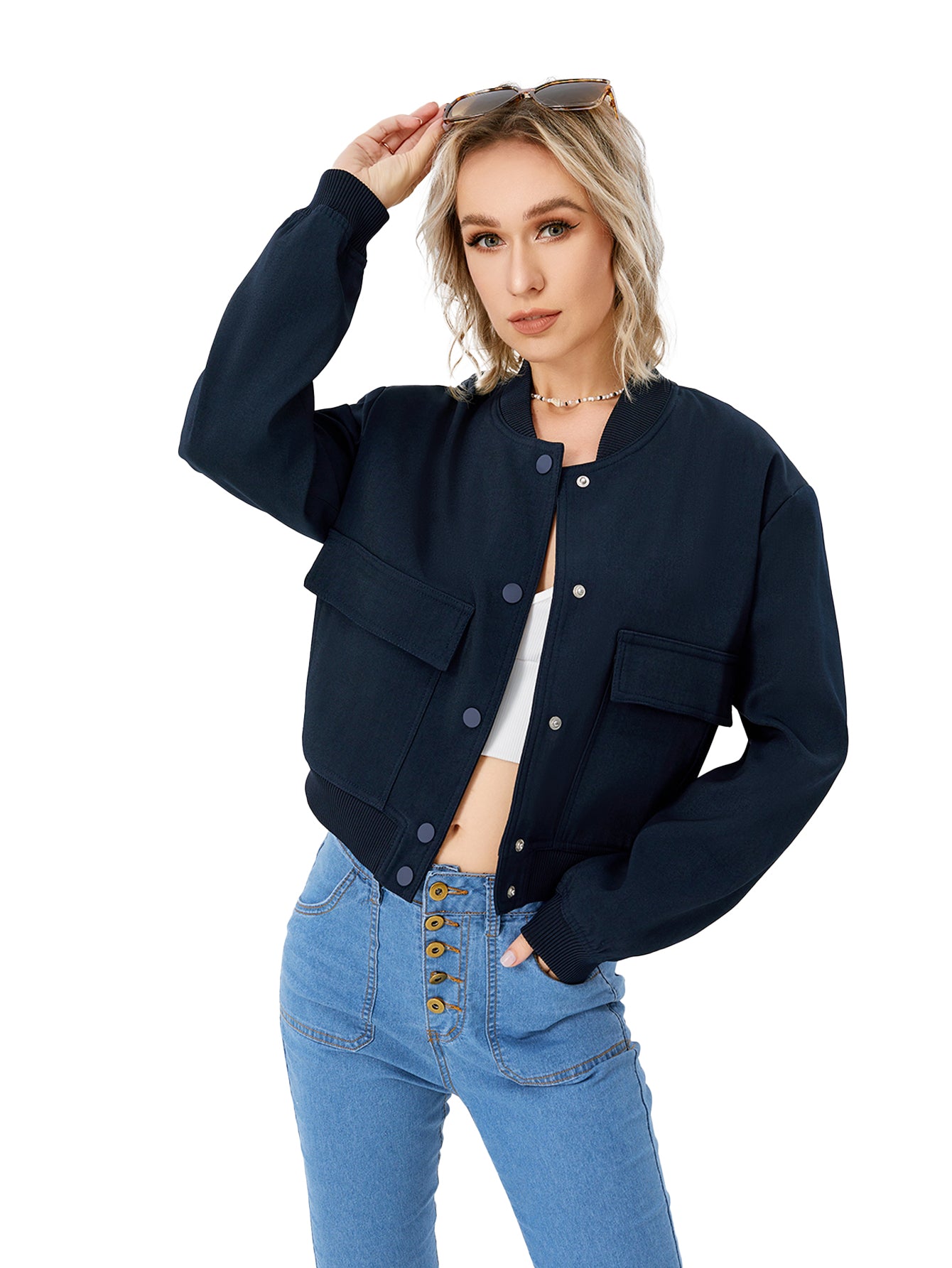 Women's Lightweight Cropped Bomber Jacket - Casual Y2K Streetwear Utility Coat - Navy - Women's Coats & Jackets - Carvan Mart