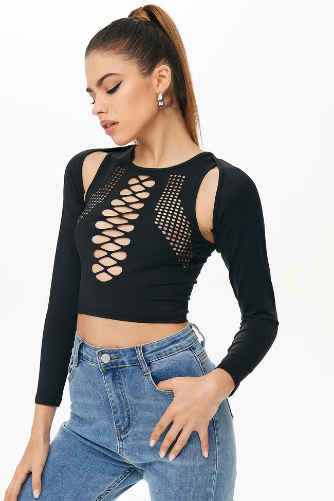 The New Cubs Round Neck Hollow Cross -body Solid Color Off -the -shoulder Long -sleeved Street Tide Bottoming Shirt - Black - Blouses & Shirts - Carvan Mart