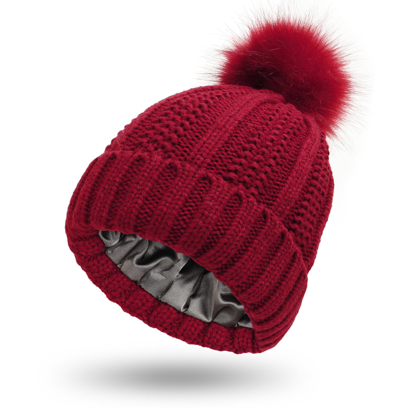 Fashion Stretchy Satin Lined Skull Knit Hats Beanie Hat For Women Faux Fur Pom Pom Hat Winter Keep Warming Beanie Hat - Wine Red One size - Women's Hats & Caps - Carvan Mart