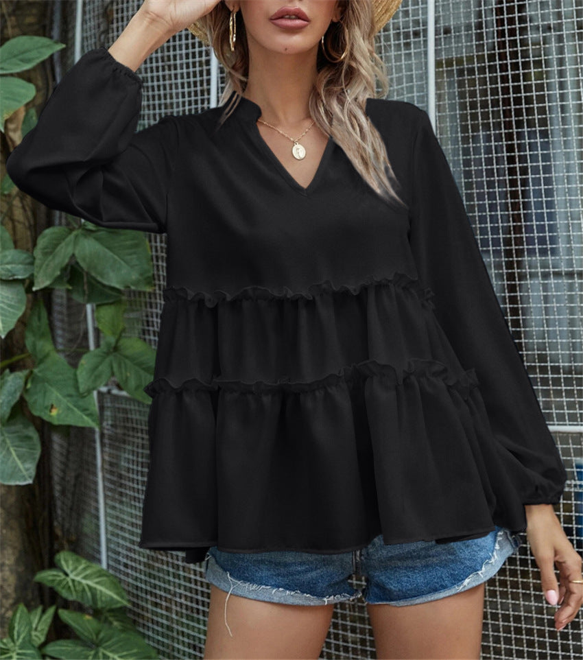 Solid Color V-neck Layered Ruffle Blouse - Carvan Mart