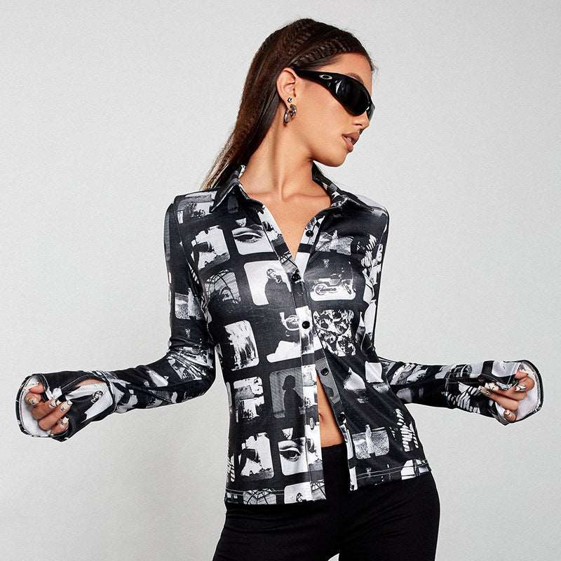 Printed Lapel Cardigan Single-breasted Long-sleeved Casual Top Shirt - Black - Blouses & Shirts - Carvan Mart