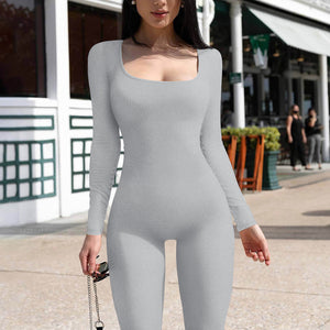 Long Sleeve Vest Jumpsuit Thread Square Collar Backless Hip Raise Slim Fit Sports Jumpsuit - Carvan Mart