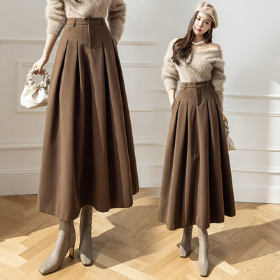 Women's Fashion High Waist Korean Style Woolen Large Swing Skirt - Carvan Mart