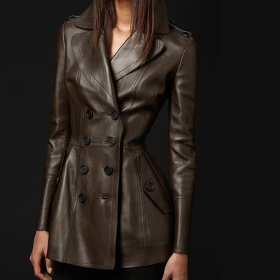Mid-length Leather Wind Coat Women's Leather Frock Coat Design - Brown - Leather & Suede - Carvan Mart