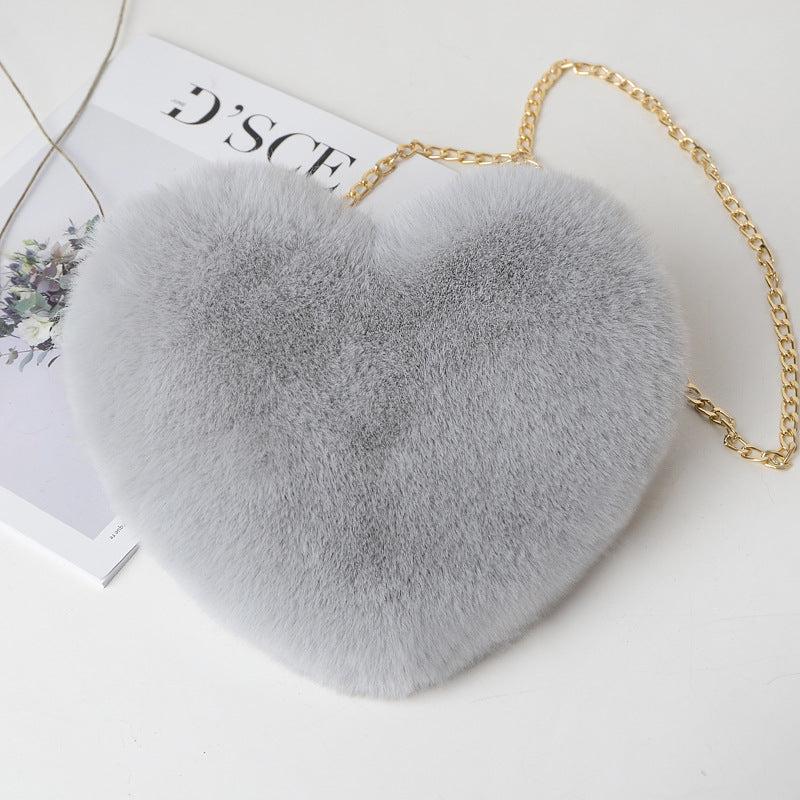 Love Bag for Women - Plush Heart-Shaped Chain-Strap Handbag with Sequins for Parties - Light grey - Shoulder Bags - Carvan Mart