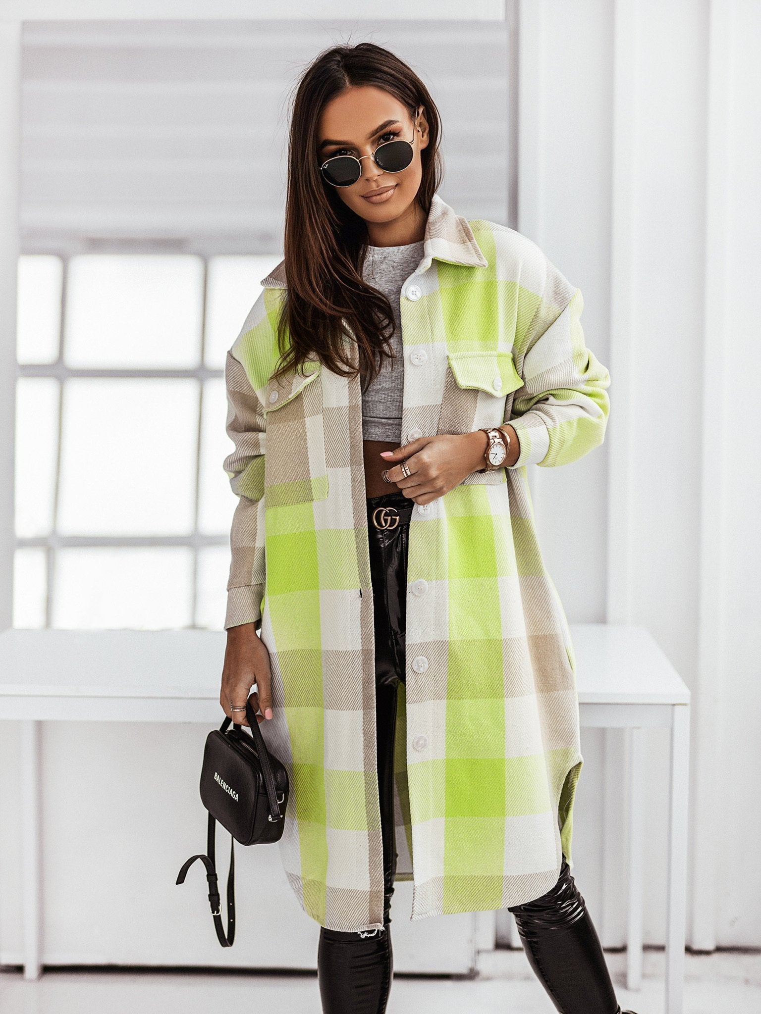 Women's Fashion Long Sleeve Color Plaid Brushed Woolen Long Coat - Carvan Mart Ltd