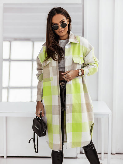 Women's Fashion Long Sleeve Color Plaid Brushed Woolen Long Coat - Carvan Mart