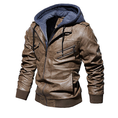 Men Hooded Leather Jacket Thick Motorcycle Windproof Casual Winter Jacket - Carvan Mart