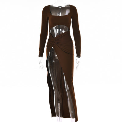 Women's Scott Hollow Out Maxi Dress Long Sleeve Split Party Wedding A Dress - Brown - Dresses - Carvan Mart