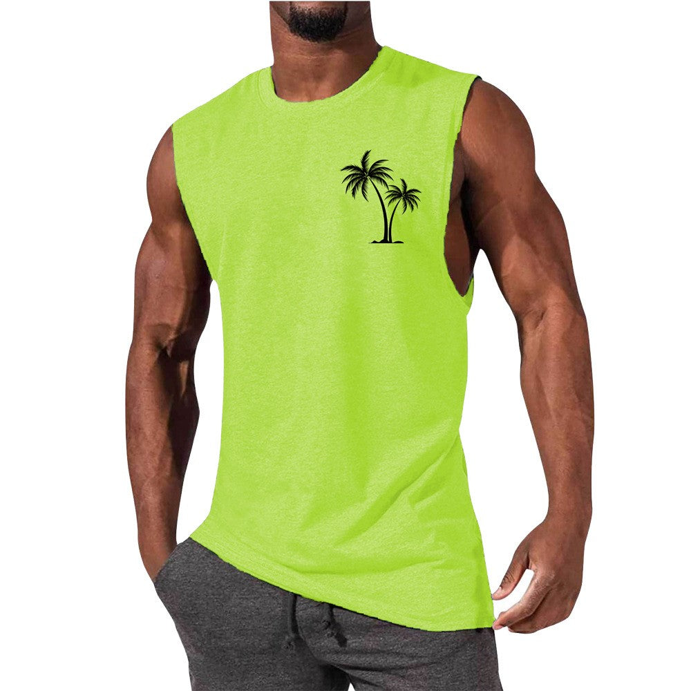 Coconut Tree Embroidery Vest Summer Beach Tank Tops Workout Muscle Men Sports Fitness T-shirt - Carvan Mart