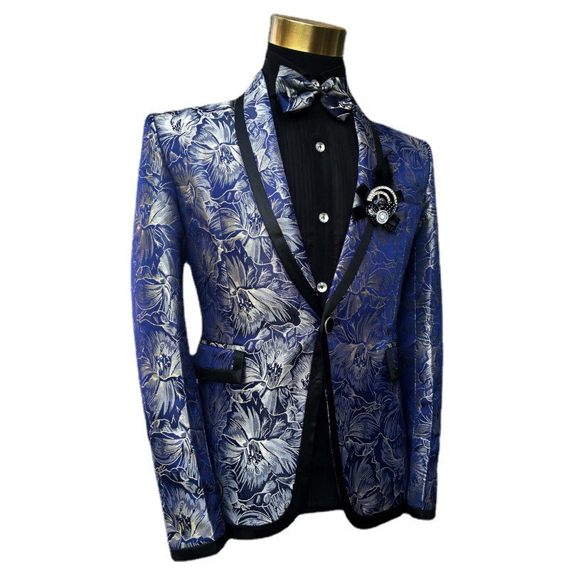 Men's Two Piece Blue Suit Floral Wedding Singer Prom Suit - - Men Suits & Sets - Carvan Mart