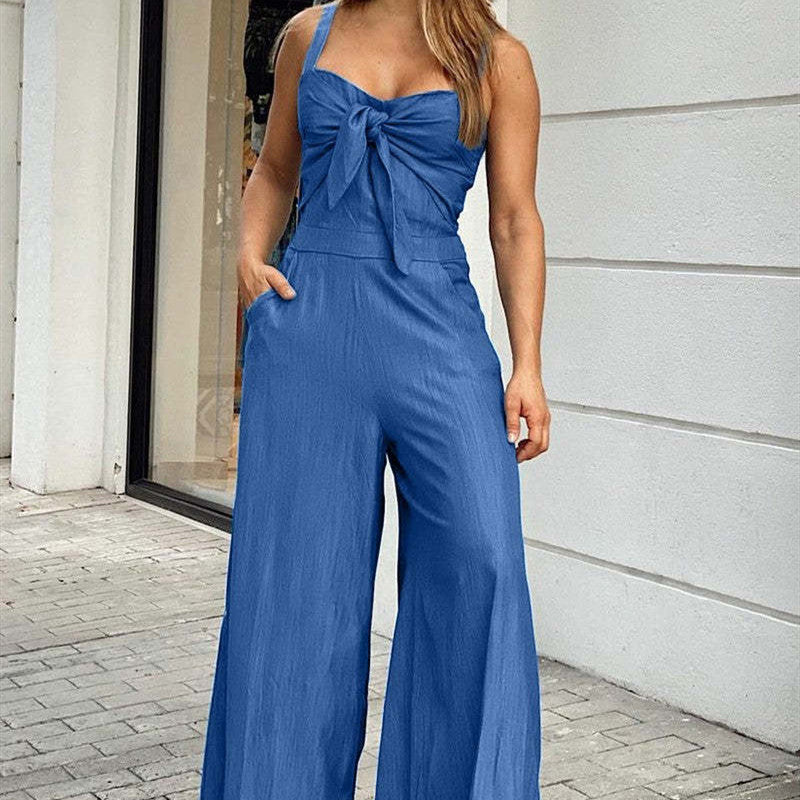 Tie-Front Jumpsuit Women's Sling Loose Casual Jumpsuit - - Jumpsuits & Rompers - Carvan Mart