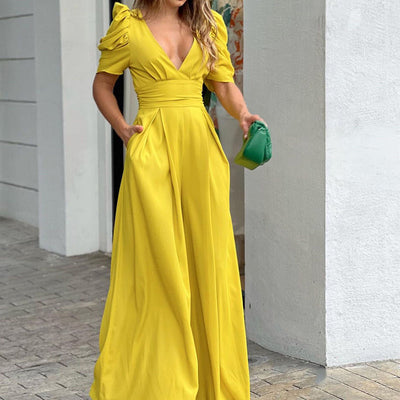 Elegant Jumpsuit Women's Plus Size Wide Leg Jumpsuit - Yellow - Jumpsuits & Rompers - Carvan Mart