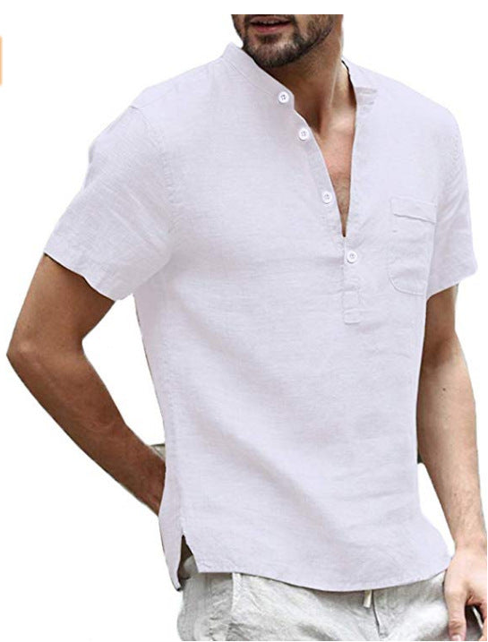 Casual Linen Solid Color Shirt Button V Neck Beach Shirt Men Summer Tops - Carvan Mart