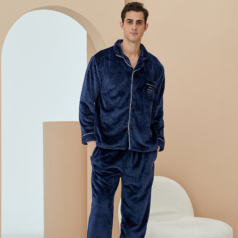 Lovers Fashion Pajamas Couple Set Coral Fleece Thickened Loungewear Suit - Dark Blue - Suits & Sets - Carvan Mart