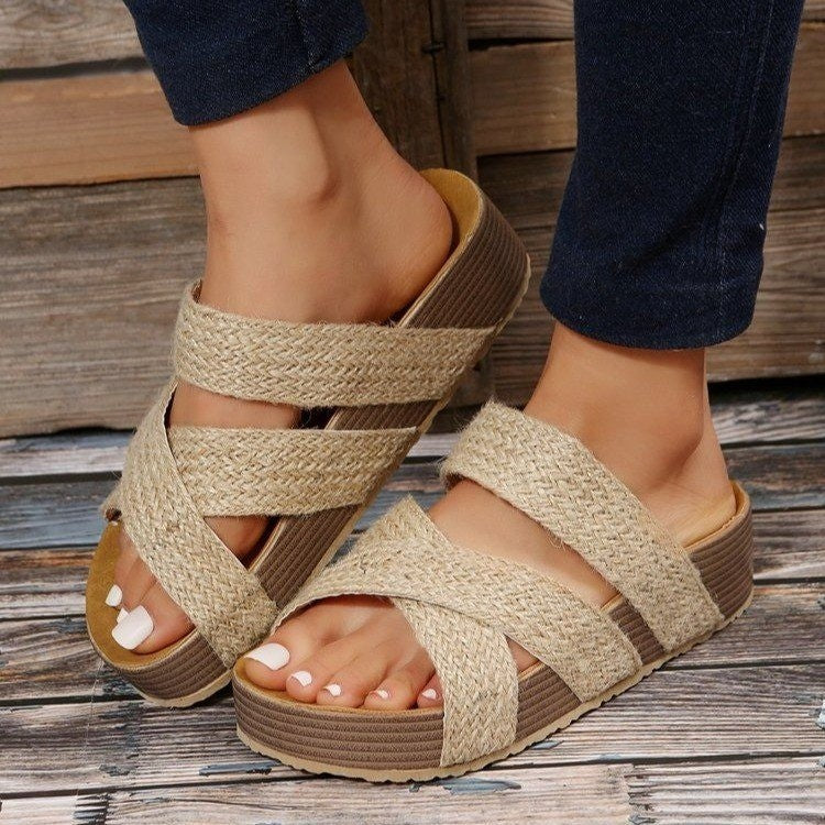 Woven Cross-strap Slippers Summer Platform Sandals Women Flat Beach Shoes - Carvan Mart Ltd