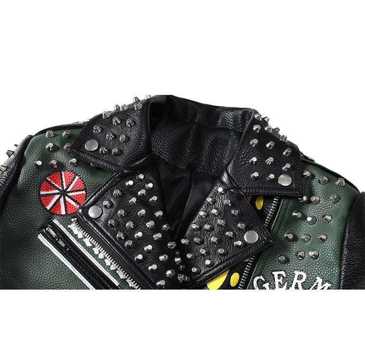 Women's Leather Rider Jacket with Studs Floral Print Short Jacket - Carvan Mart