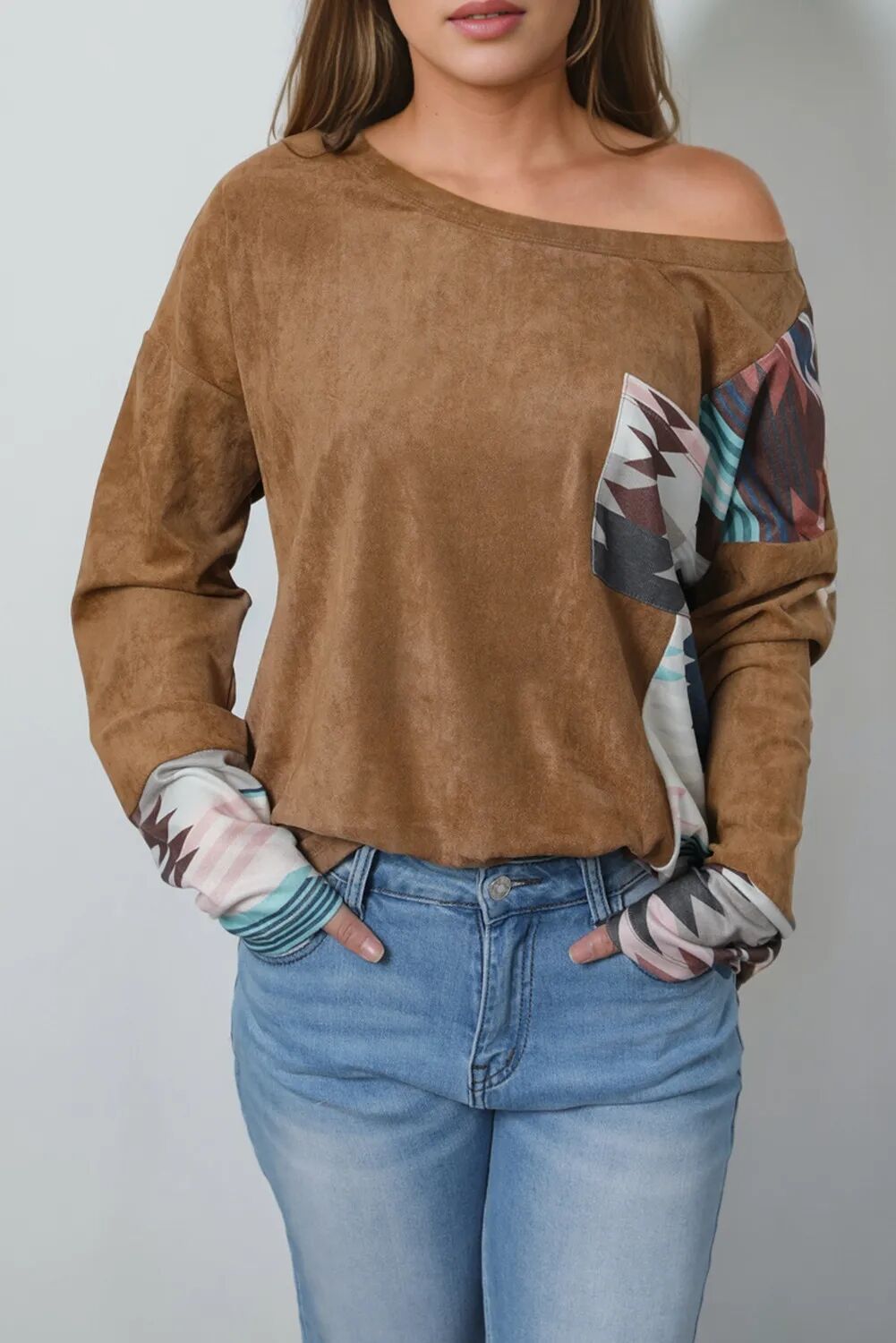 Smocked Off-the-shoulder Blouse Long Sleeve Pullover Round Neck T-shirt - Carvan Mart